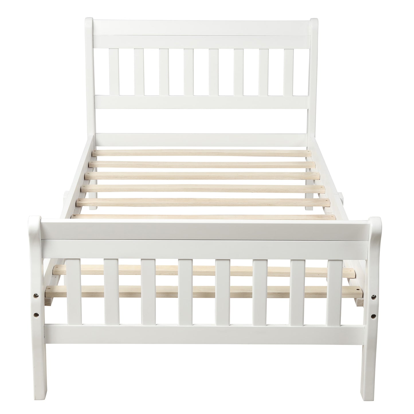 White wooden sleigh bed frame with slatted base