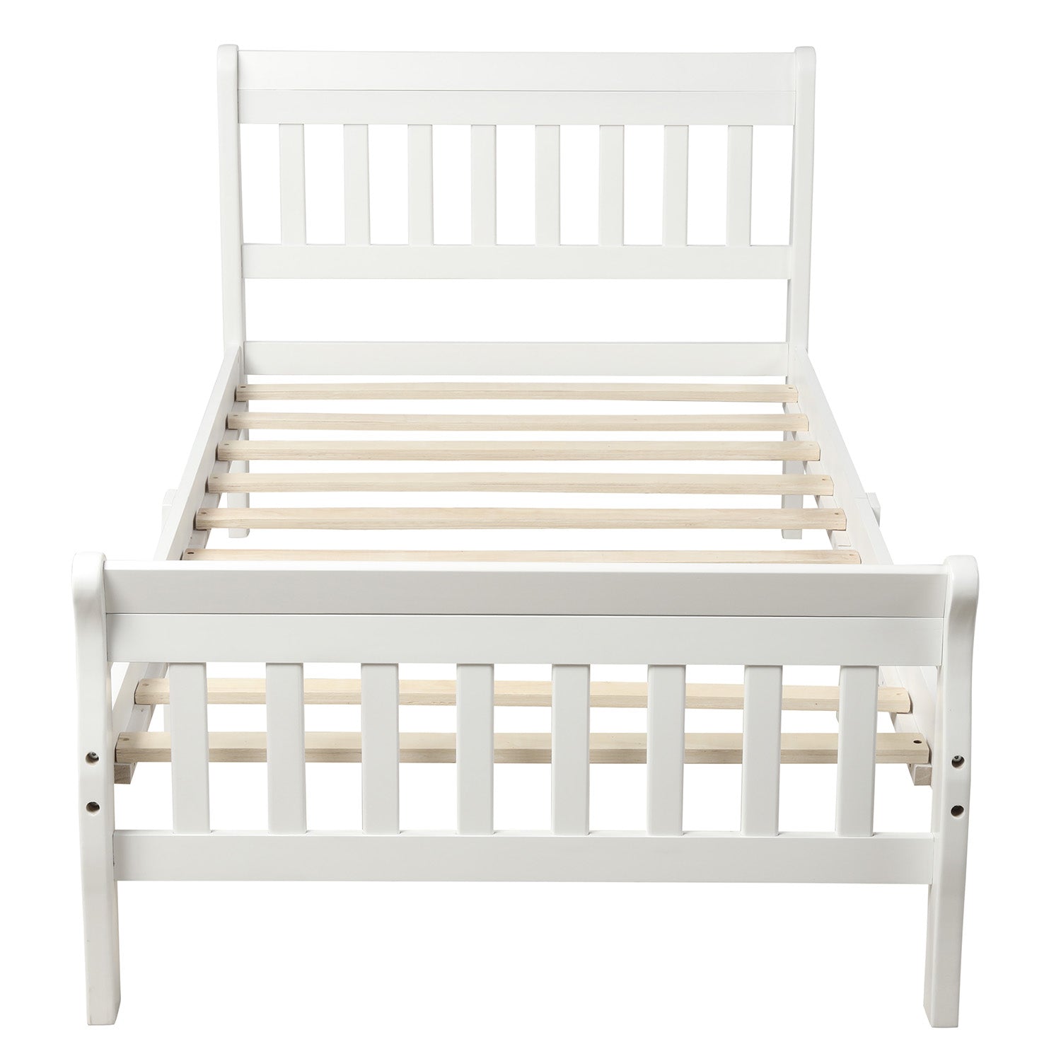 White wooden sleigh bed frame with slatted base