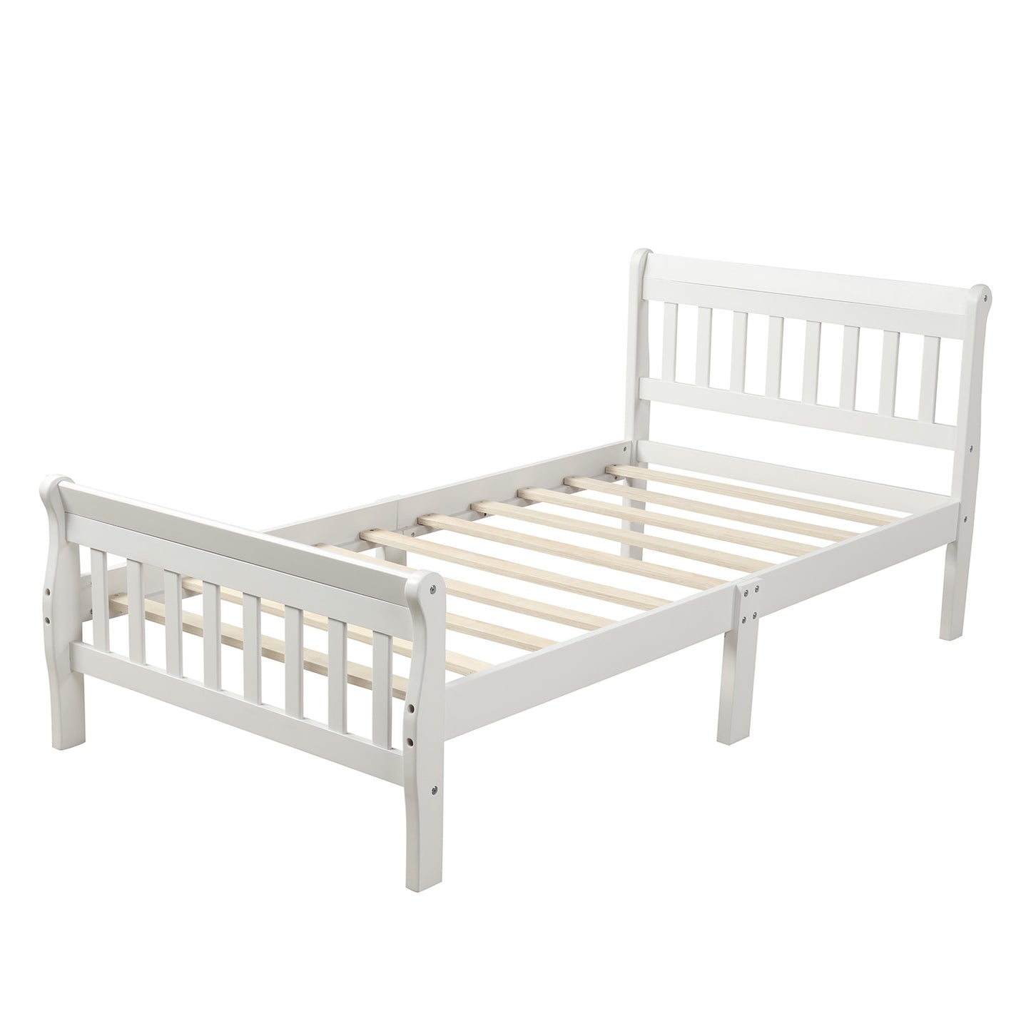 White sleigh bed frame with slatted headboard and footboard