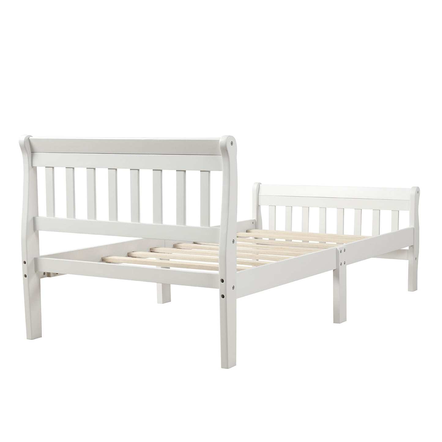 White wooden twin bed frame with slatted base