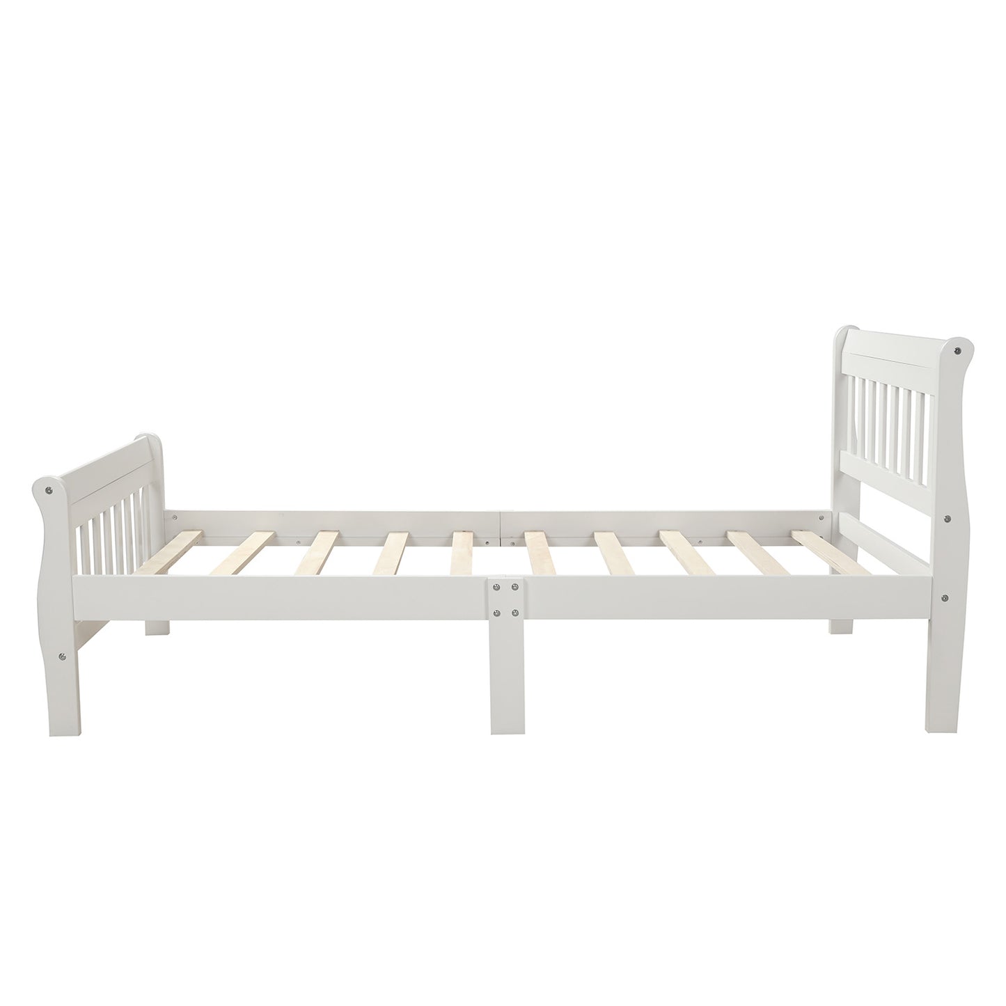 White wooden sleigh bed frame with slatted support