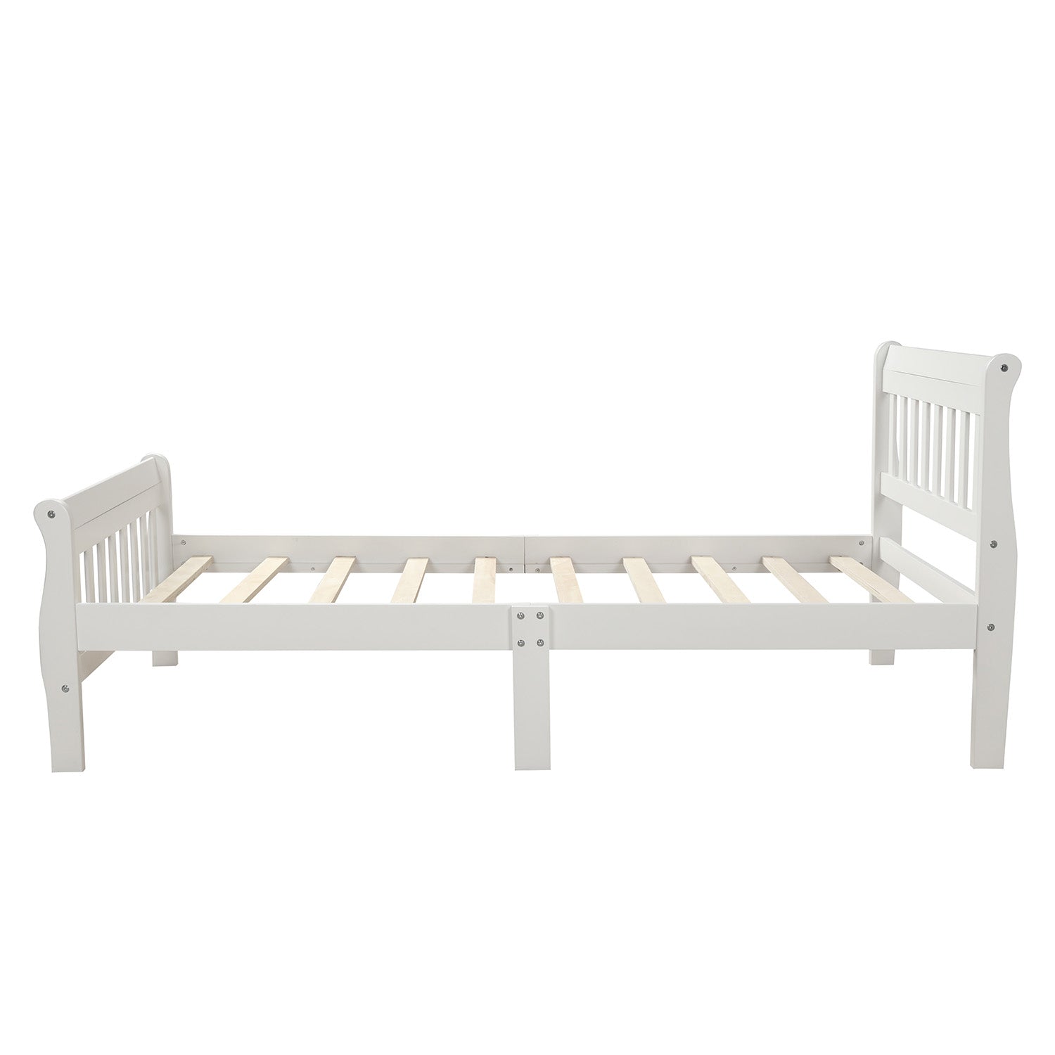 White wooden sleigh bed frame with slatted support