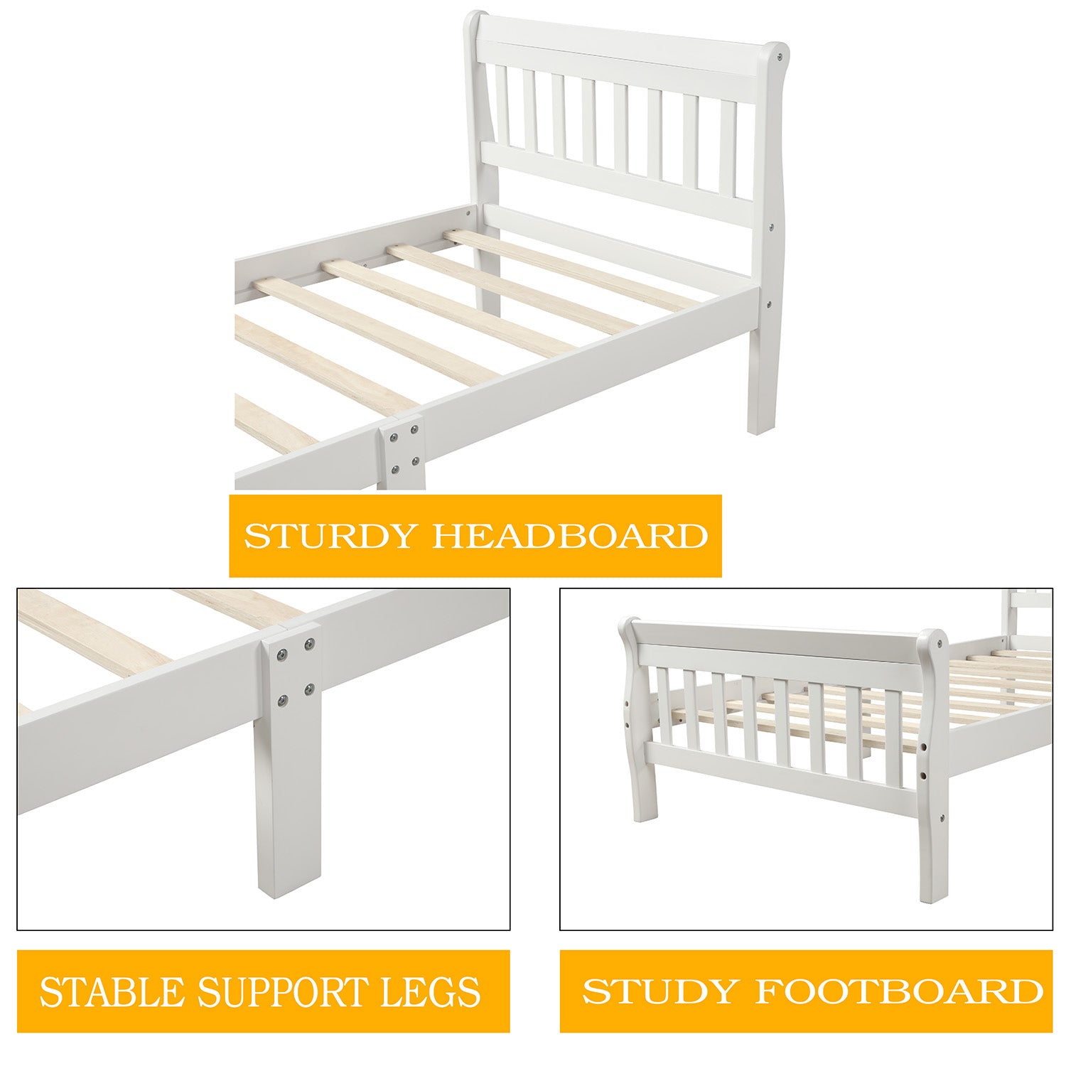 White wooden twin bed frame with sturdy headboard
