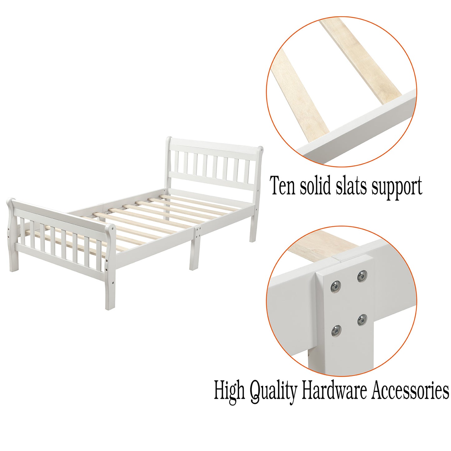 White wooden sleigh bed frame with ten solid slats