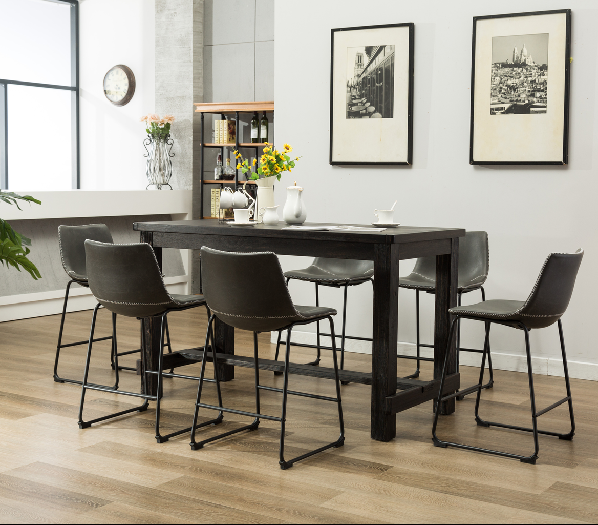 Dark wood pub table and chairs set with gray faux leather seating
