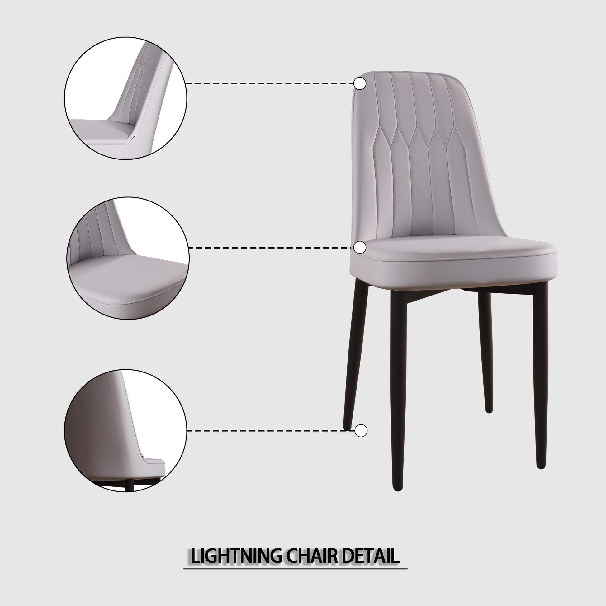 Light grey faux leather dining chair with vertical stitching and dark legs