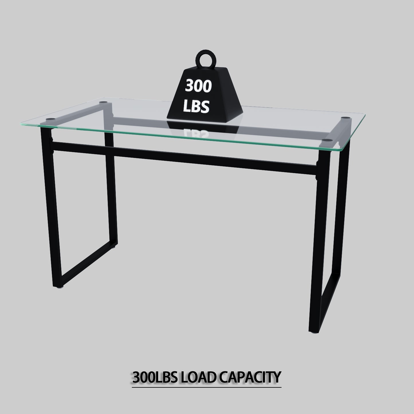 Black metal desk with clear glass top demonstrating  lbs load capacity