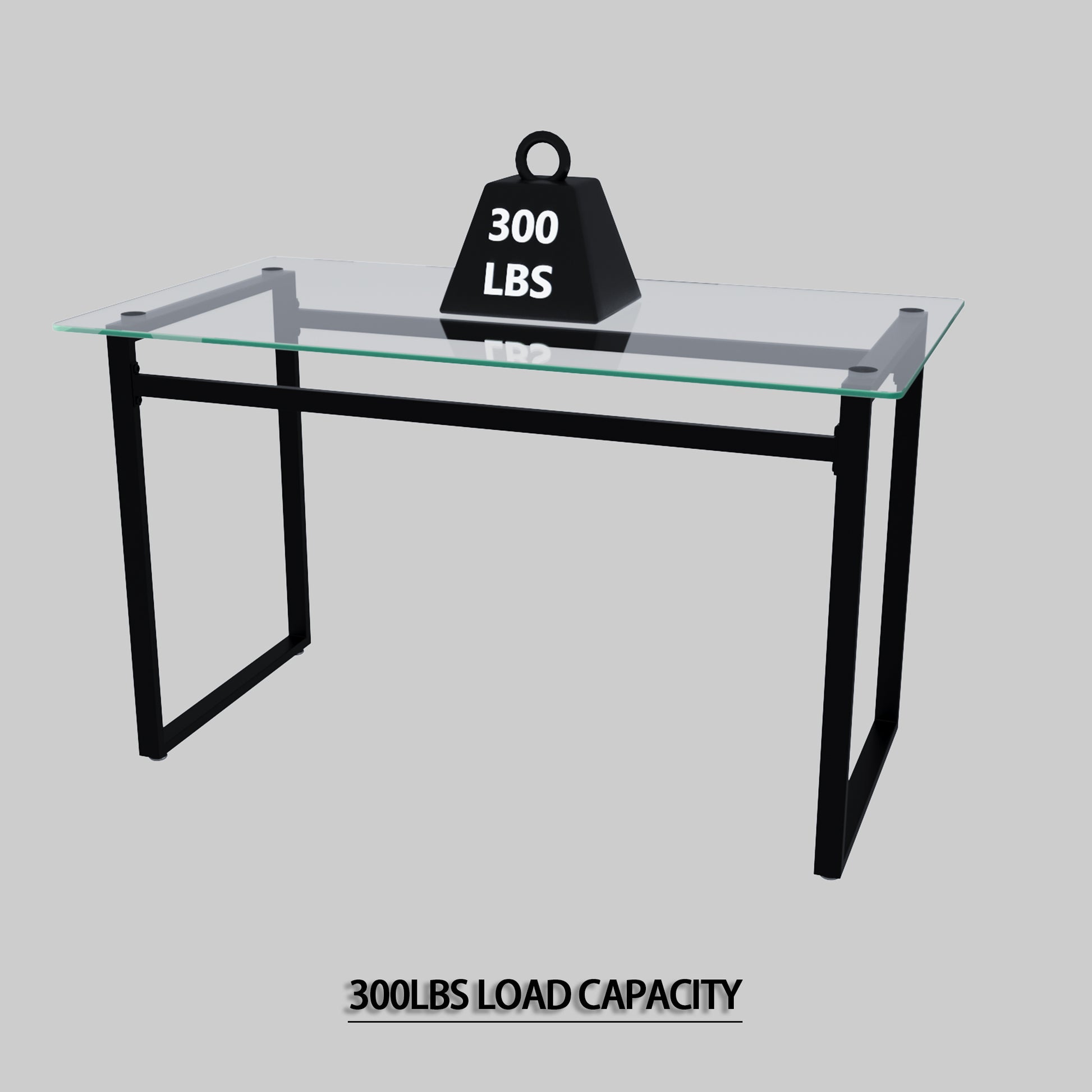 Black metal desk with clear glass top demonstrating  lbs load capacity