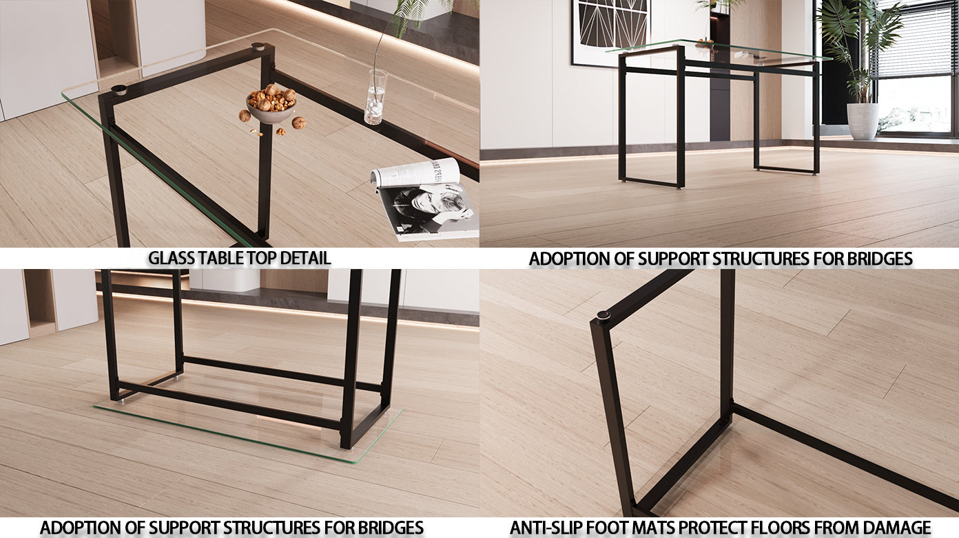 Modern glass tabletop with black metal frame