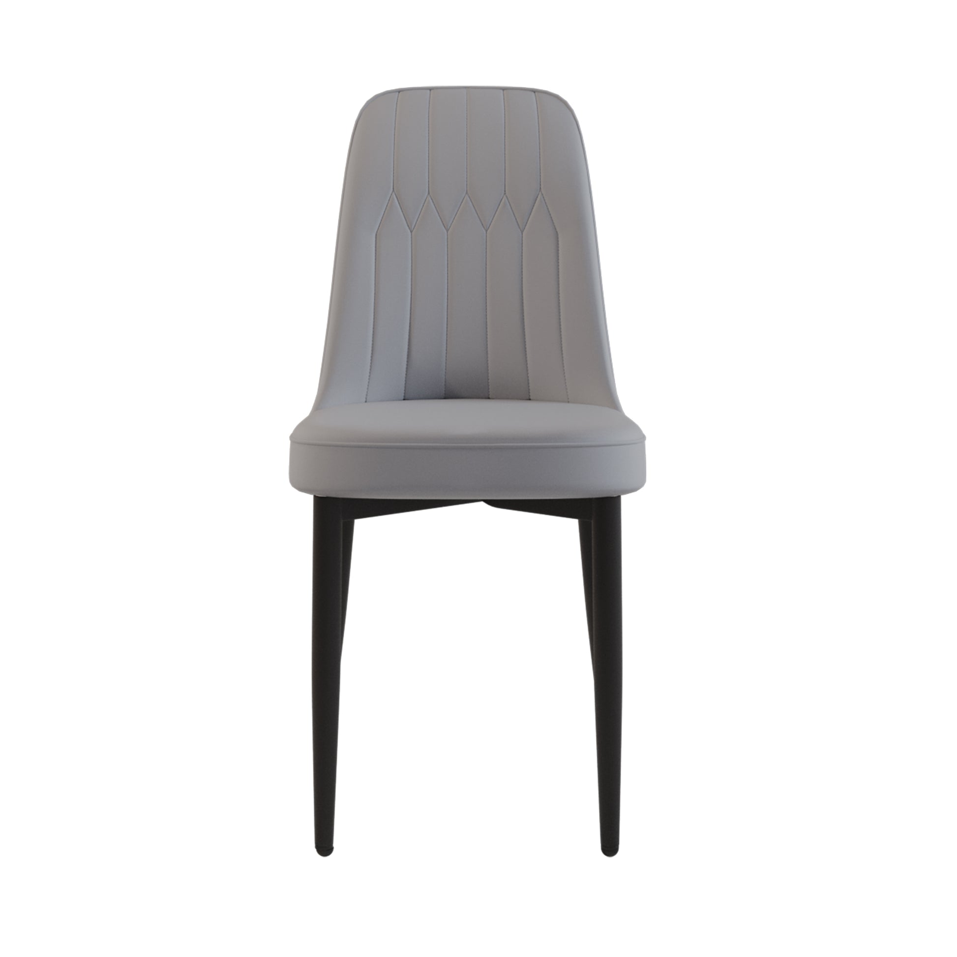 Light grey upholstered dining chair with stitched vertical panels and black tapered legs