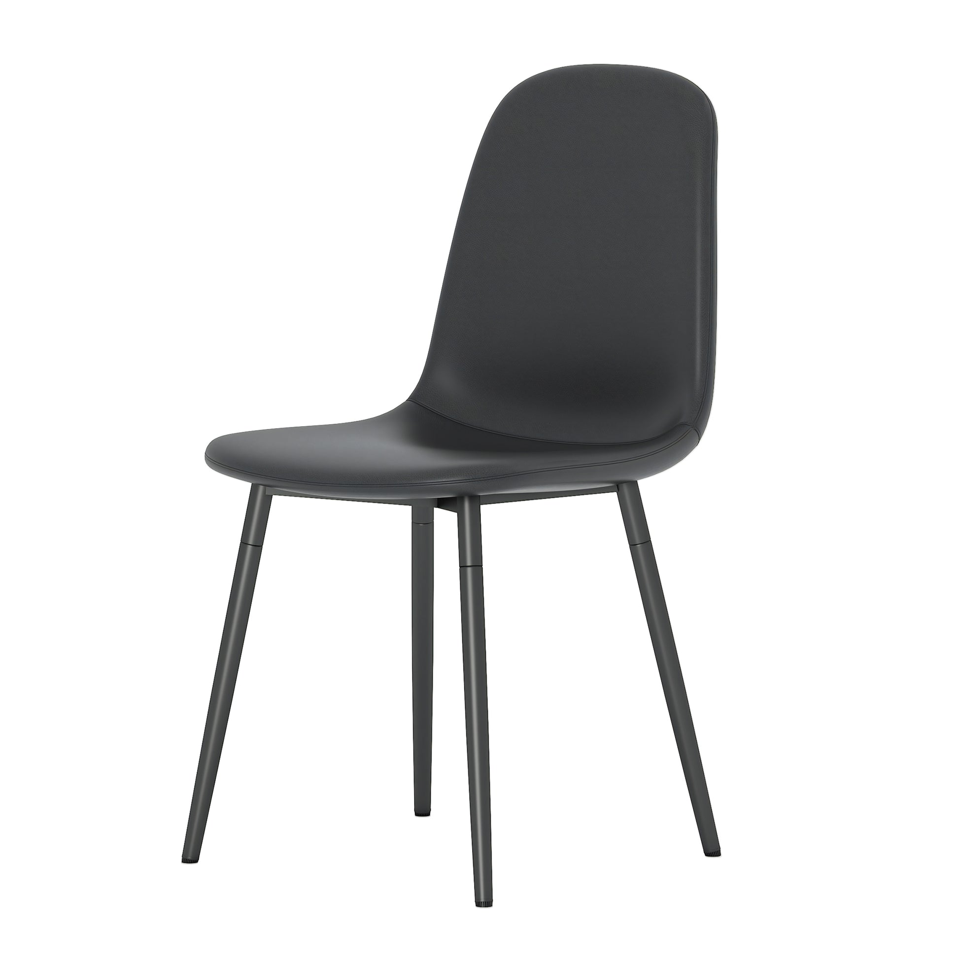 Sleek black dining chair with smooth upholstery and slim metal legs