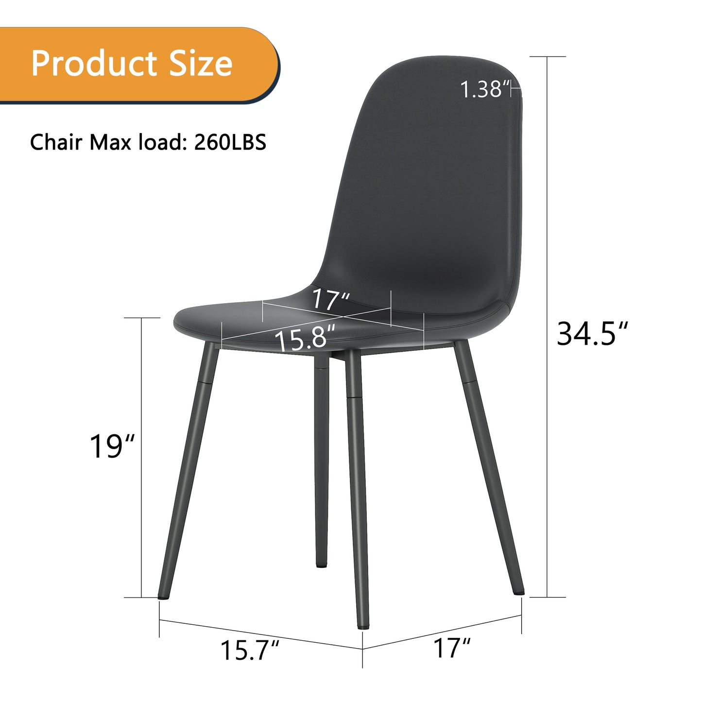 Black upholstered dining chair with metal legs  H  W  D  seat height