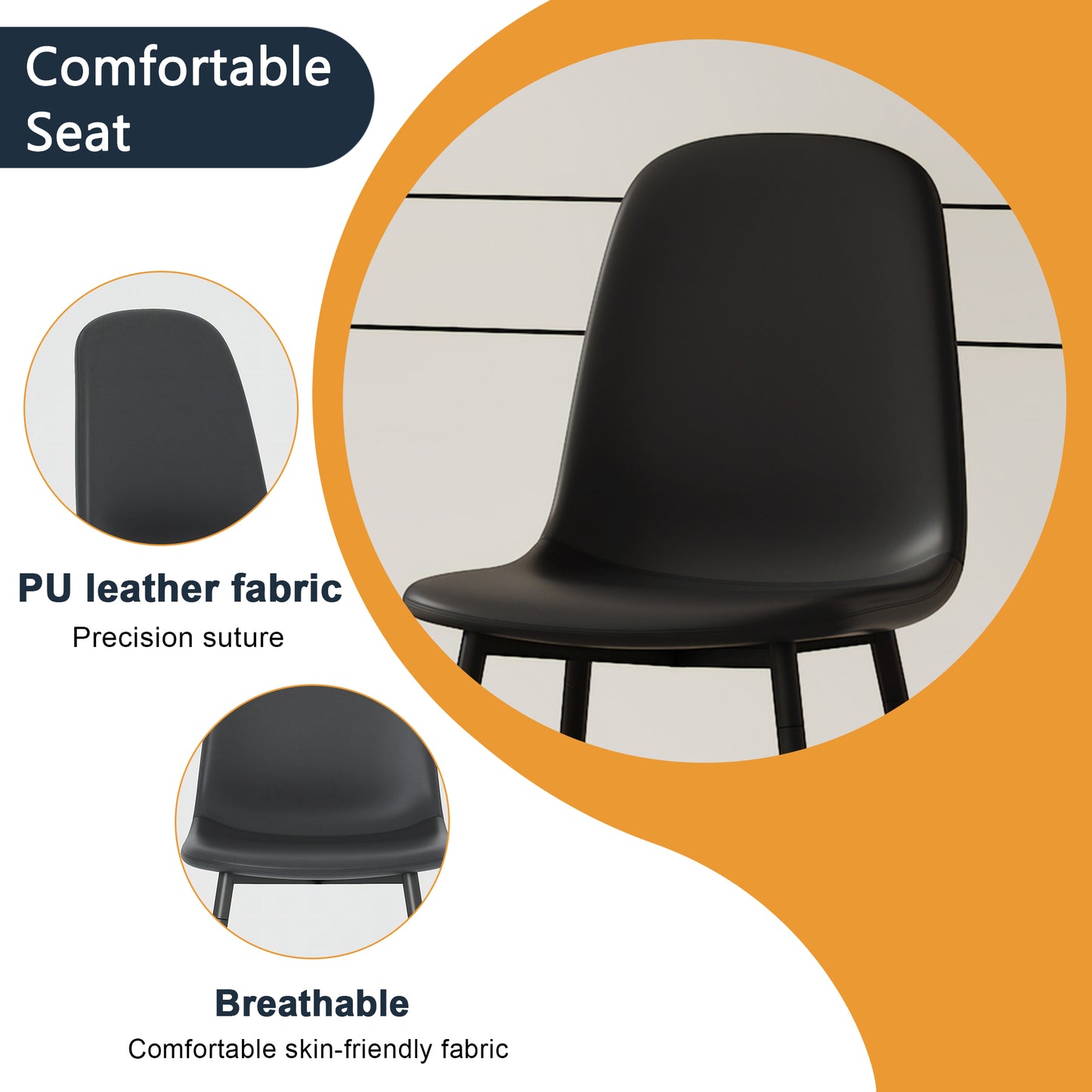 Black PU leather dining chair with a curved back and precision stitching