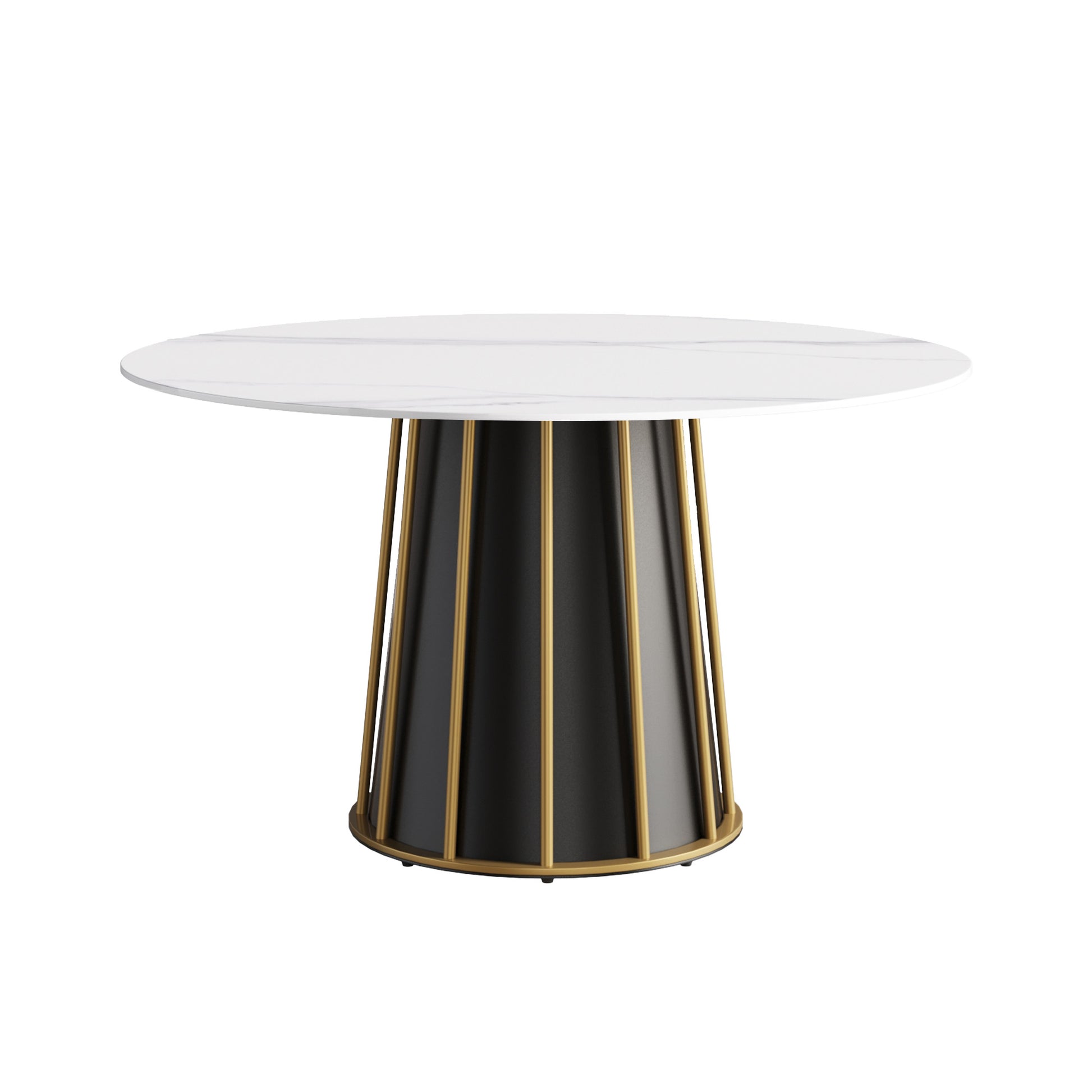 Round white marble dining table with black and gold base