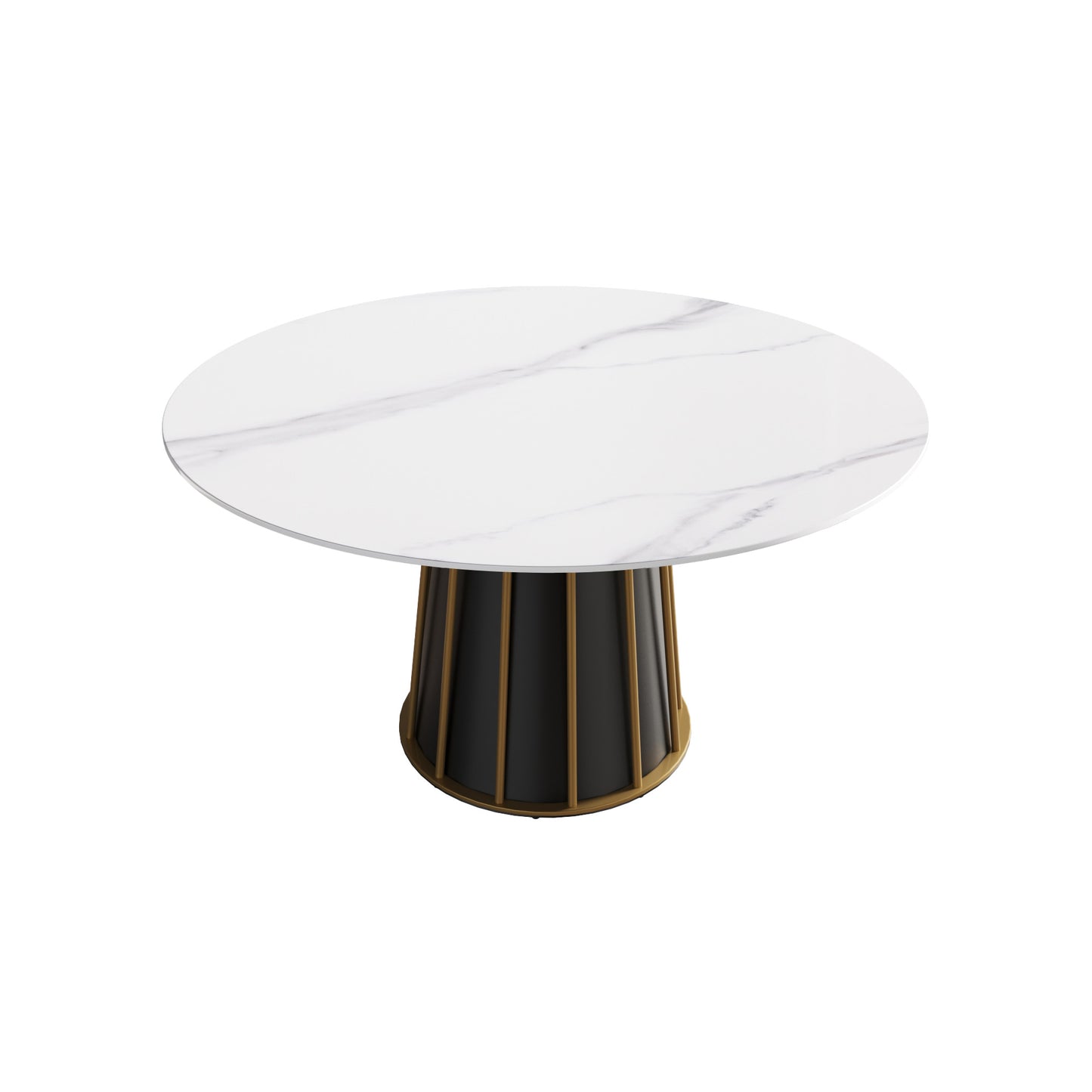 Round white marble top dining table with black and gold pedestal base