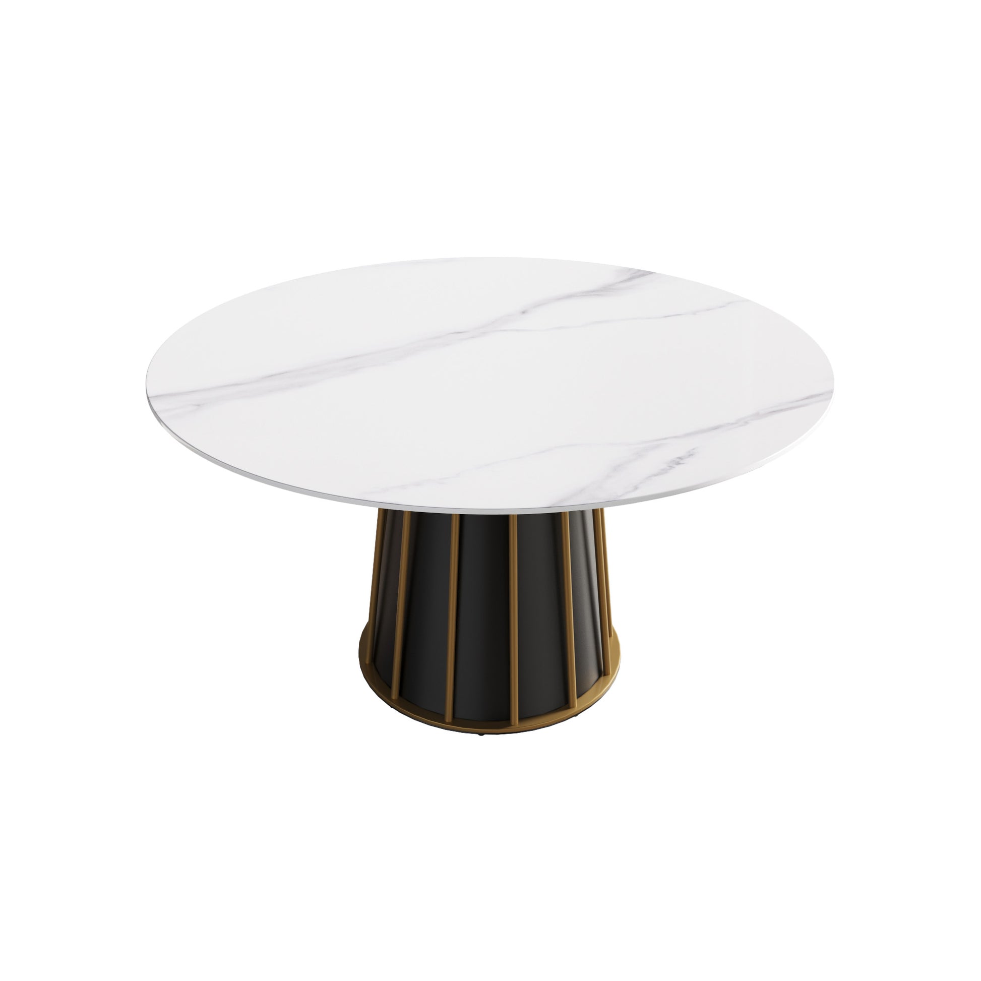 Round white marble top dining table with black and gold pedestal base
