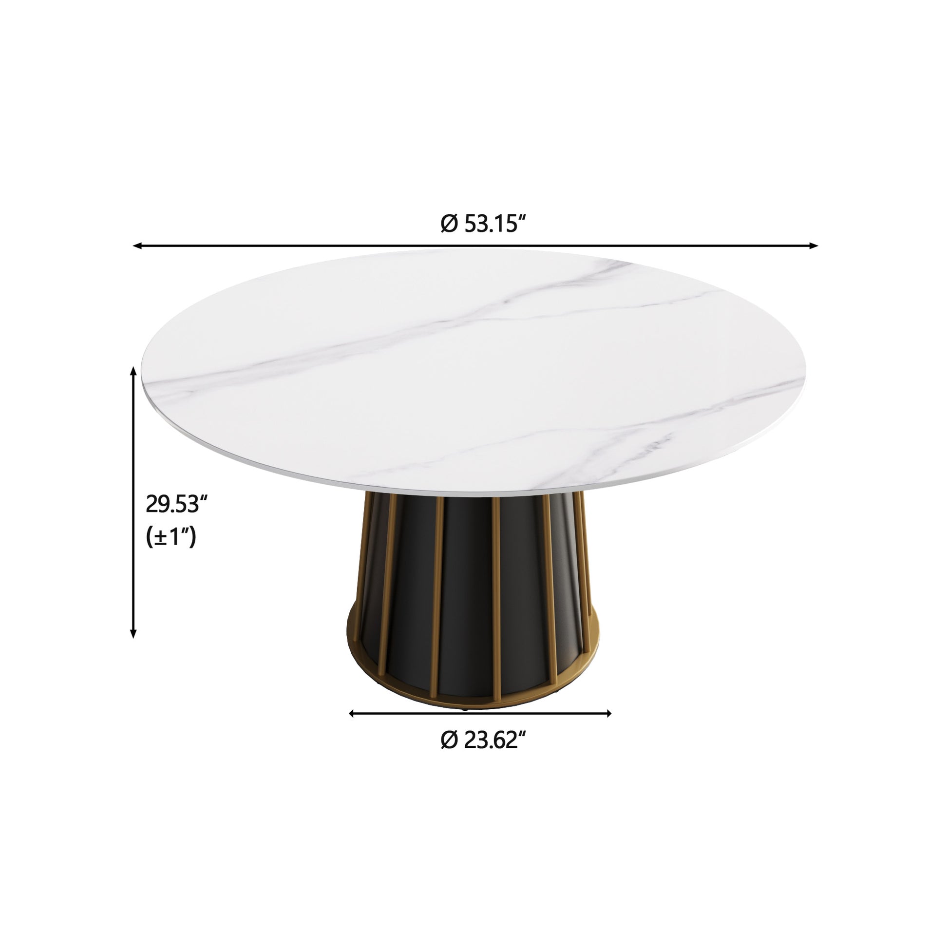 Round marble top dining table with black fluted pedestal base and gold accents