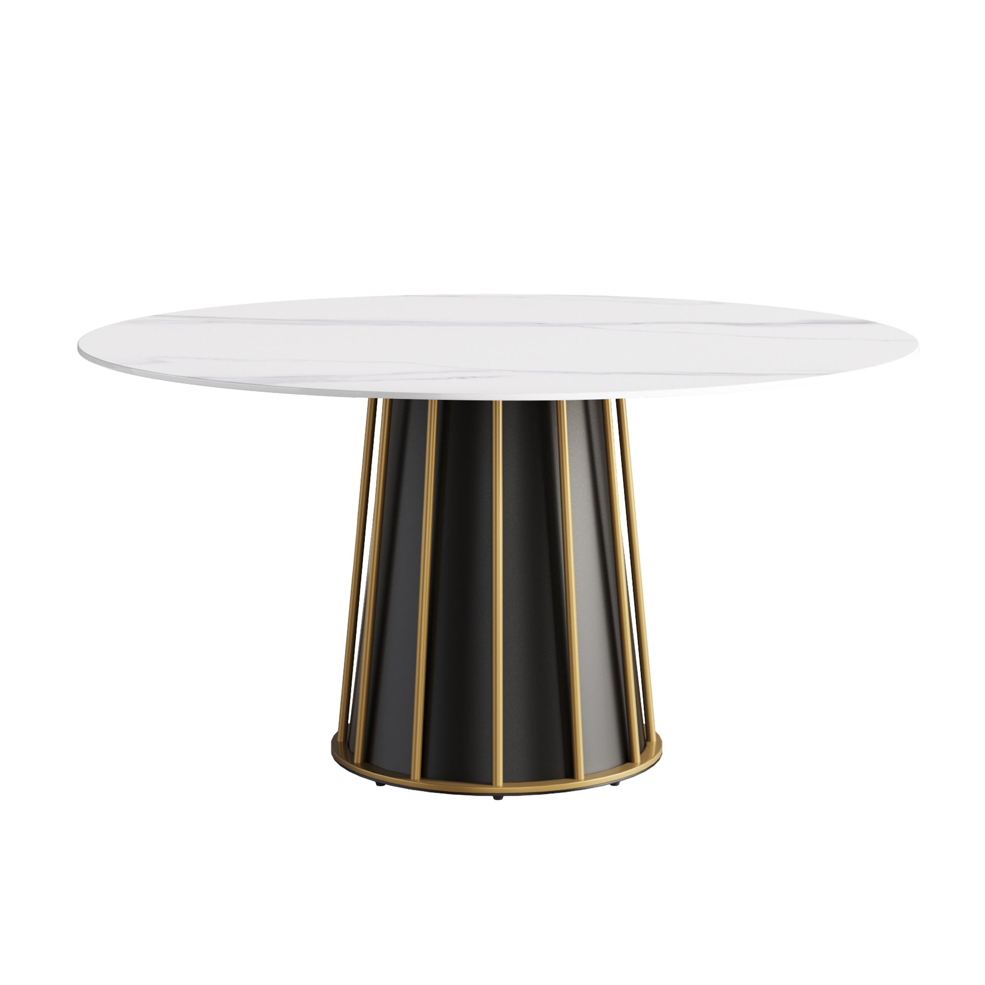 Round white marble top dining table with black pedestal base and gold accents