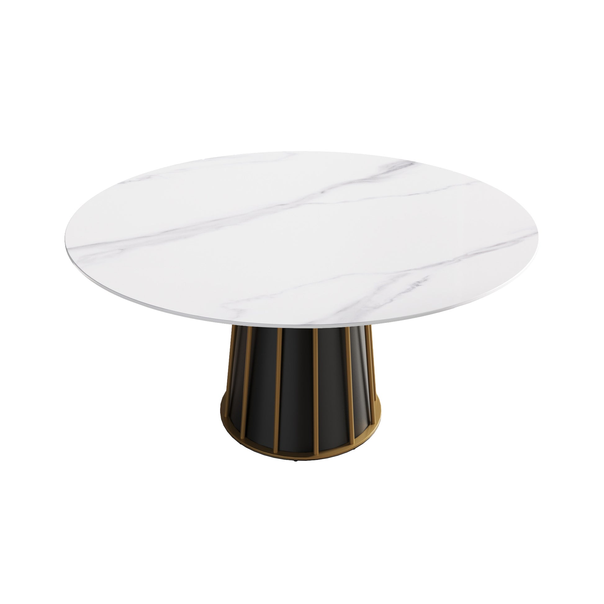 Round white marble dining table with black pedestal base and gold accents