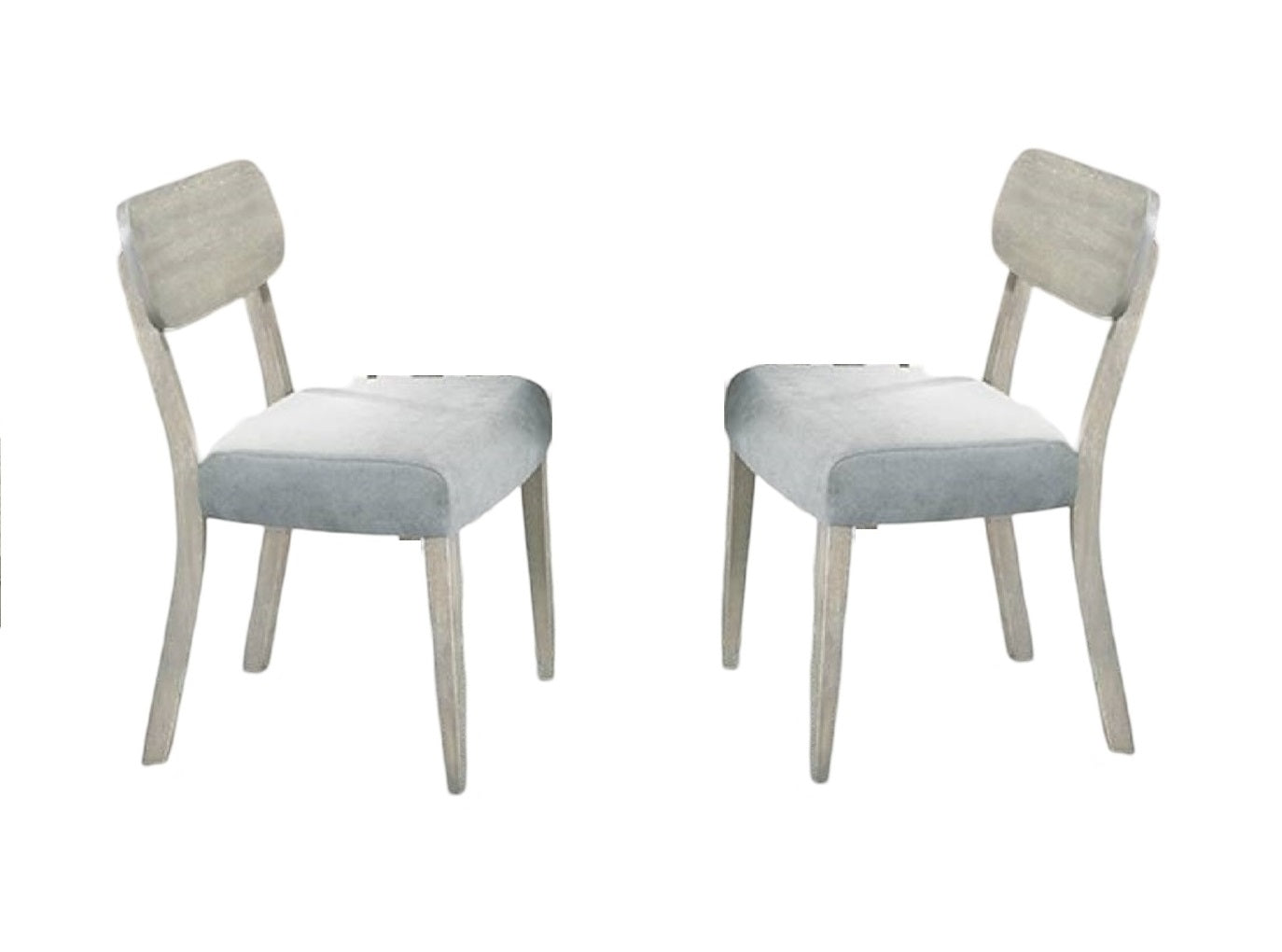 Two light grey upholstered dining chairs with natural wood legs