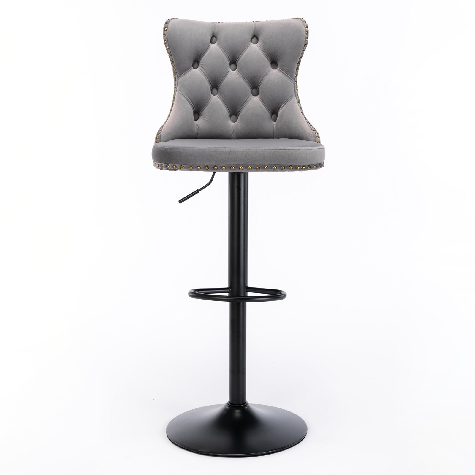 Gray velvet tufted bar stool with gold nailhead trim and adjustable height