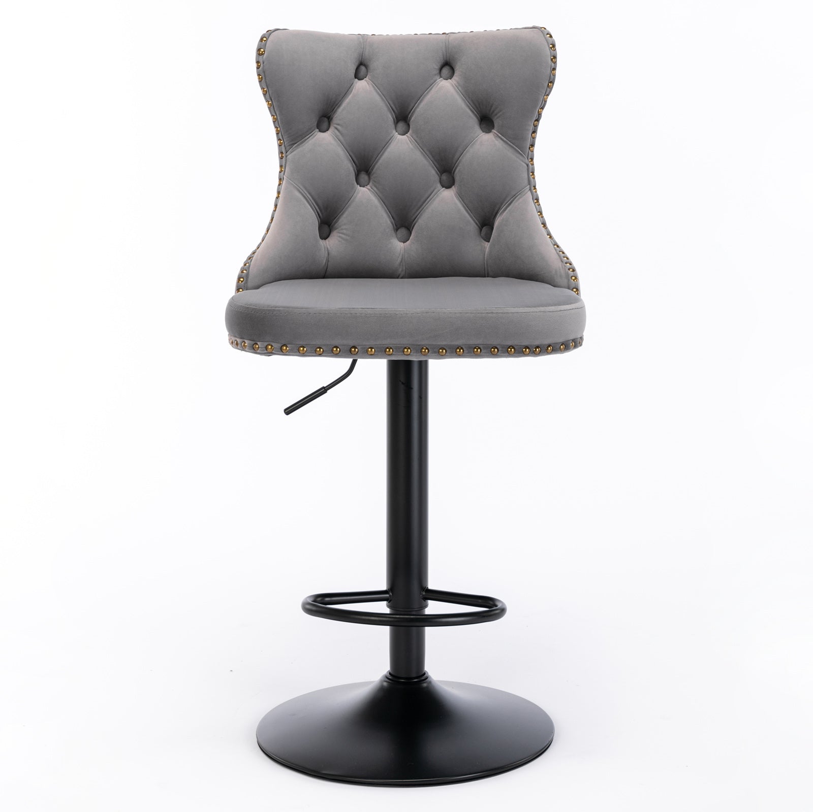 Grey velvet tufted bar stool with brass nailhead trim and adjustable height