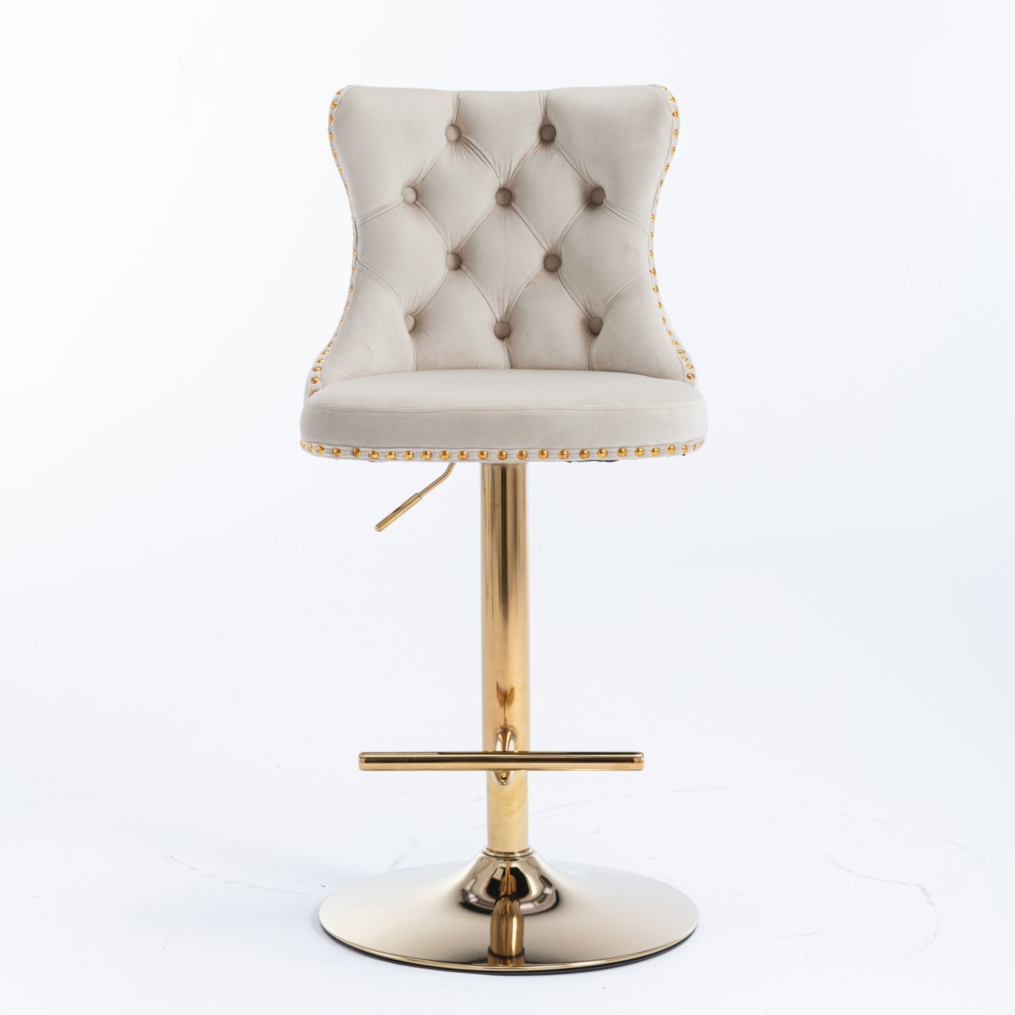 Cream velvet tufted bar stool with gold nailhead trim and gold pedestal base