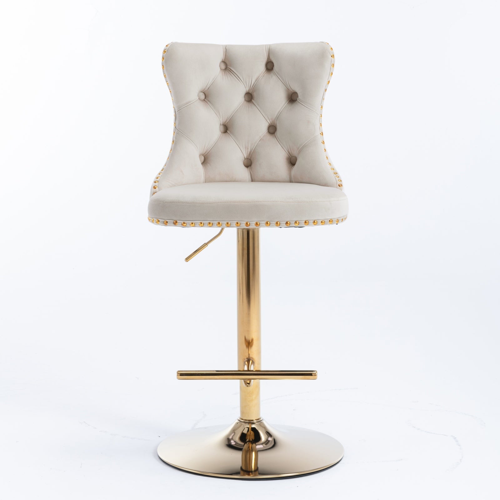 Cream velvet tufted bar stool with gold nailhead trim and gold pedestal base