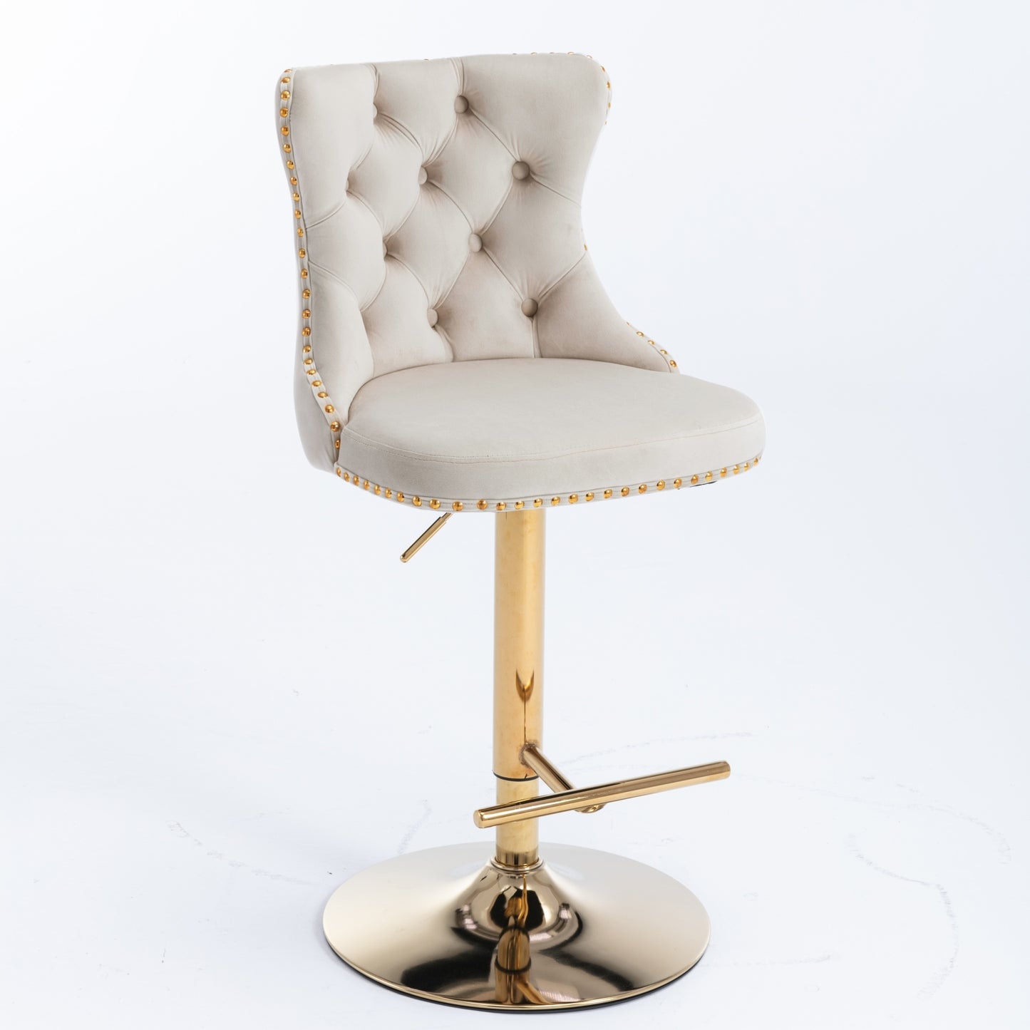 Cream velvet bar stool with gold accents and adjustable height