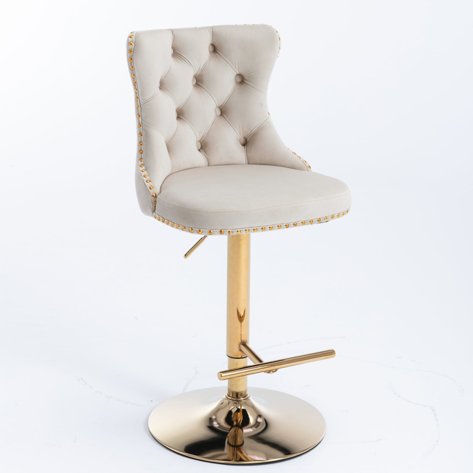 Cream velvet bar stool with gold accents and adjustable height