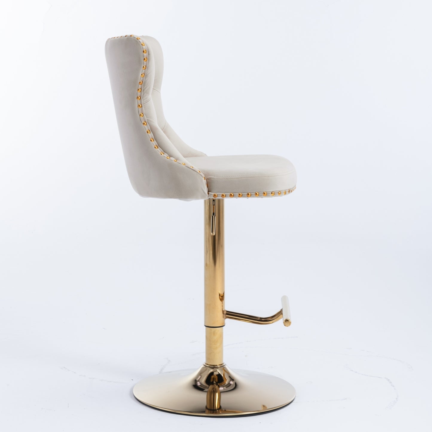 Cream velvet bar stool with gold studding and adjustable gold base