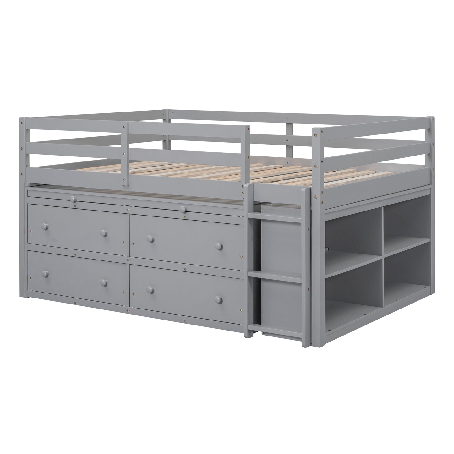Gray loft bed with builtin drawers and shelving