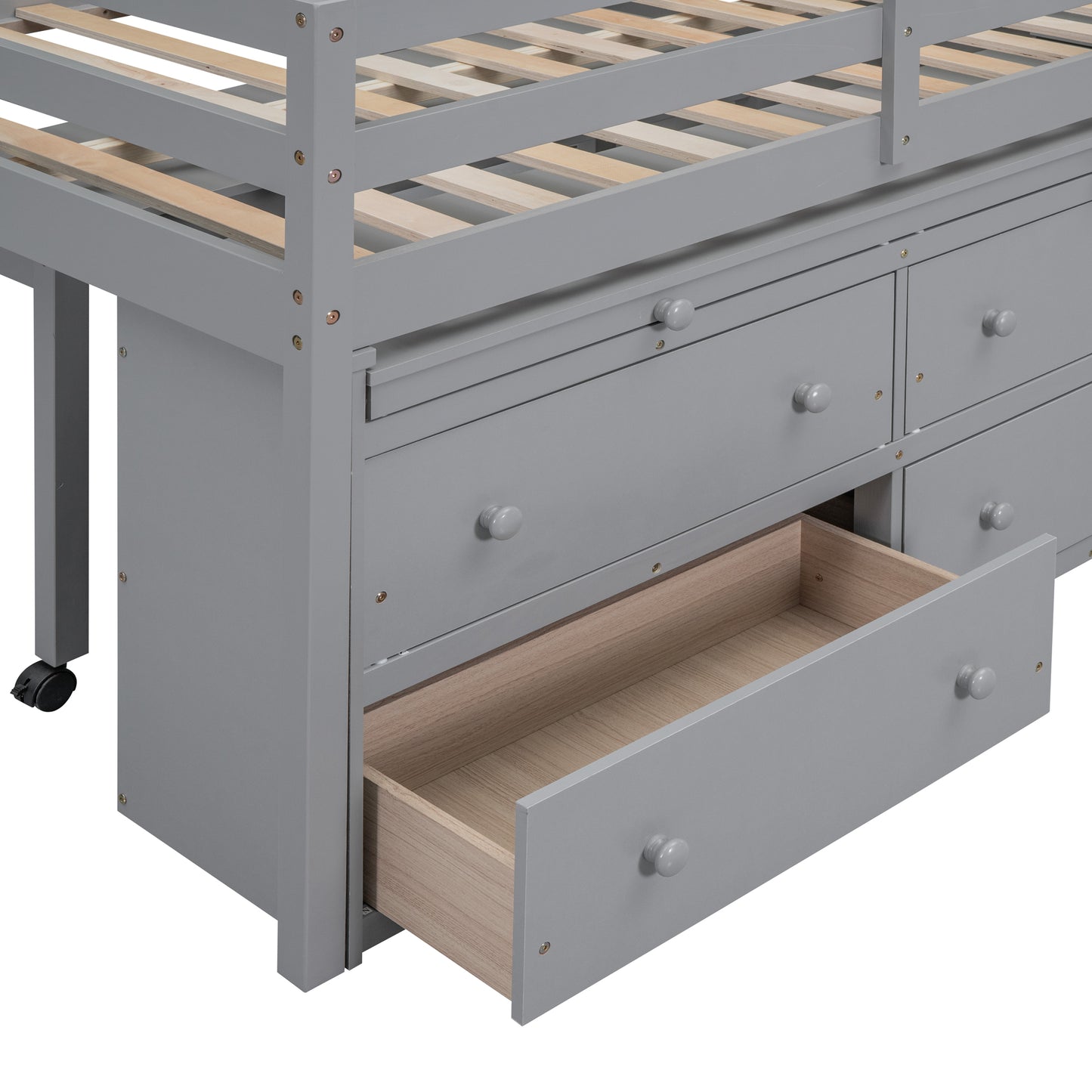 Gray twin loft bed with  drawers