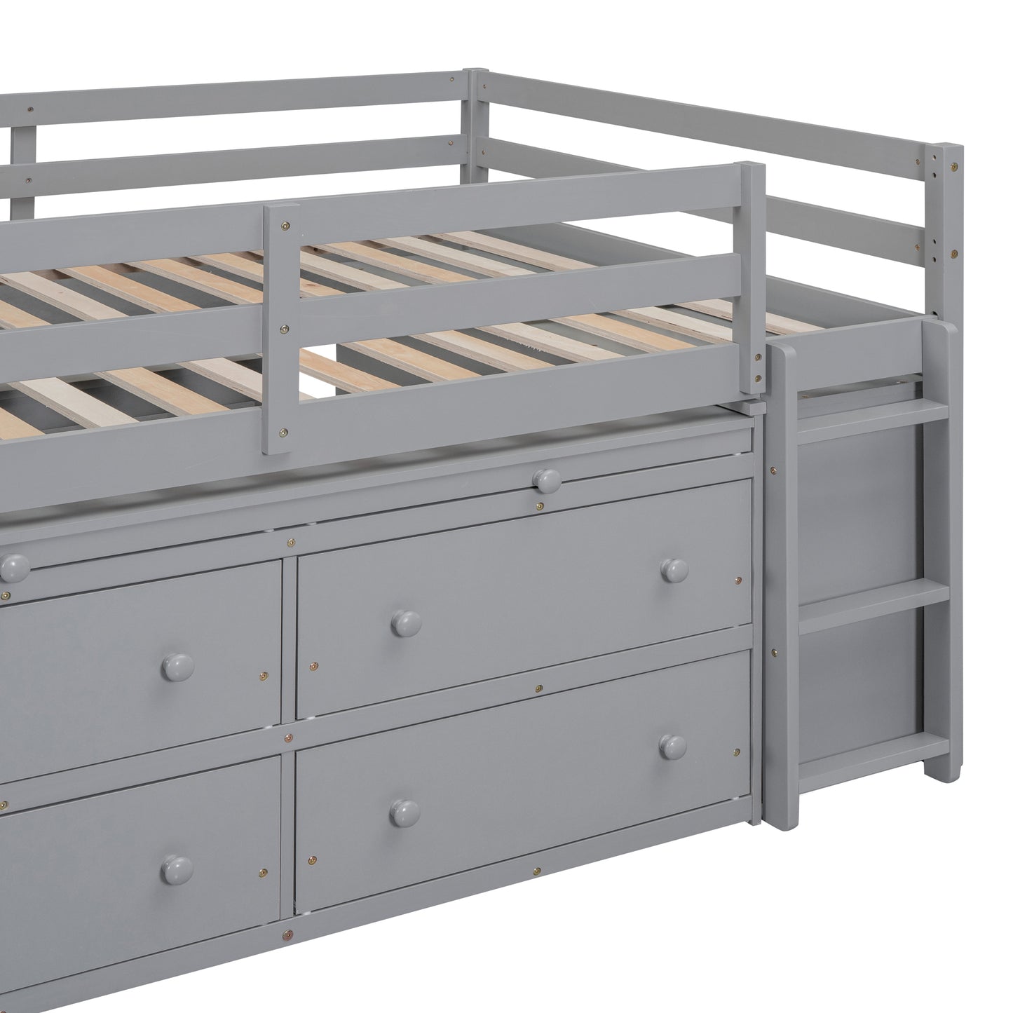 Grey wooden loft bed with builtin drawers and ladder