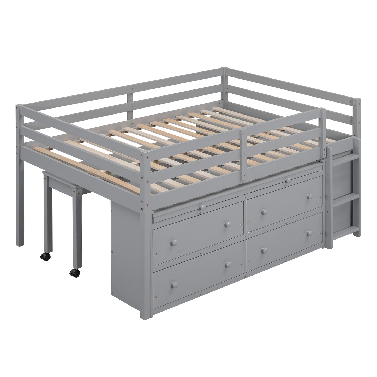 Gray loft bed with desk and drawers