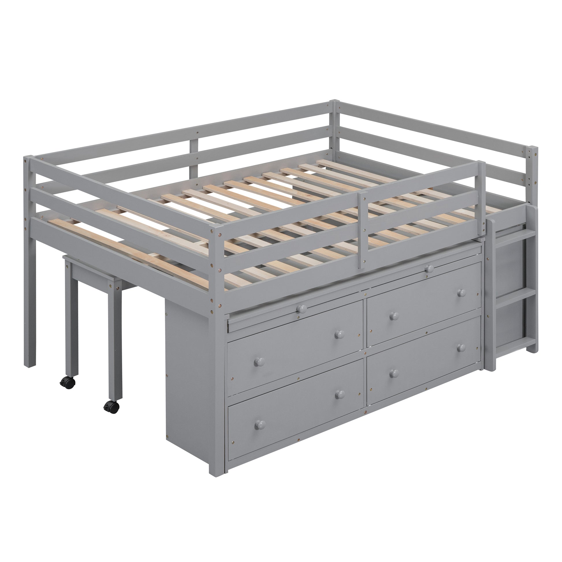Gray loft bed with desk and drawers