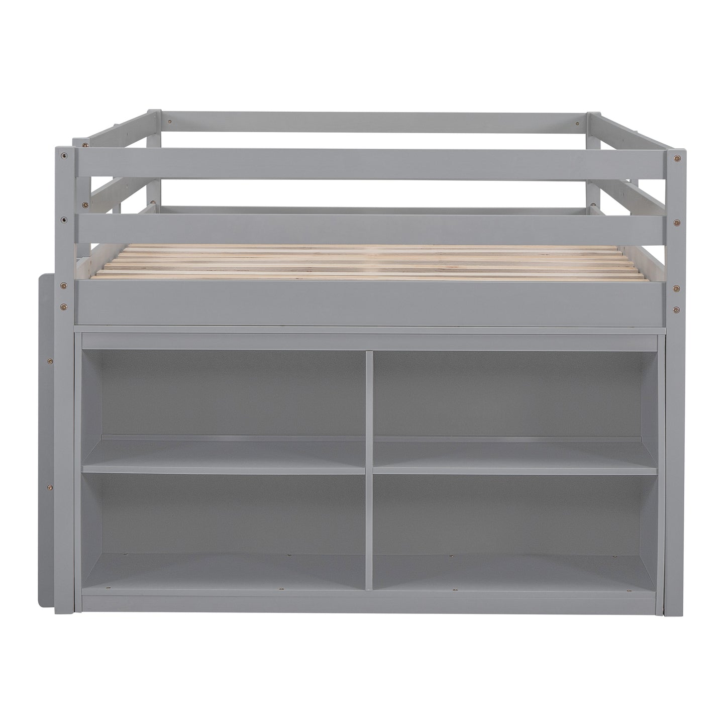 Grey loft bed with builtin shelving unit for kids