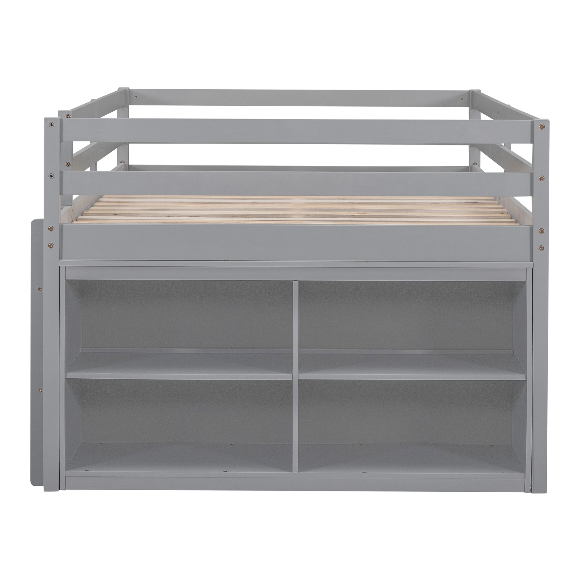 Grey loft bed with builtin shelving unit for kids