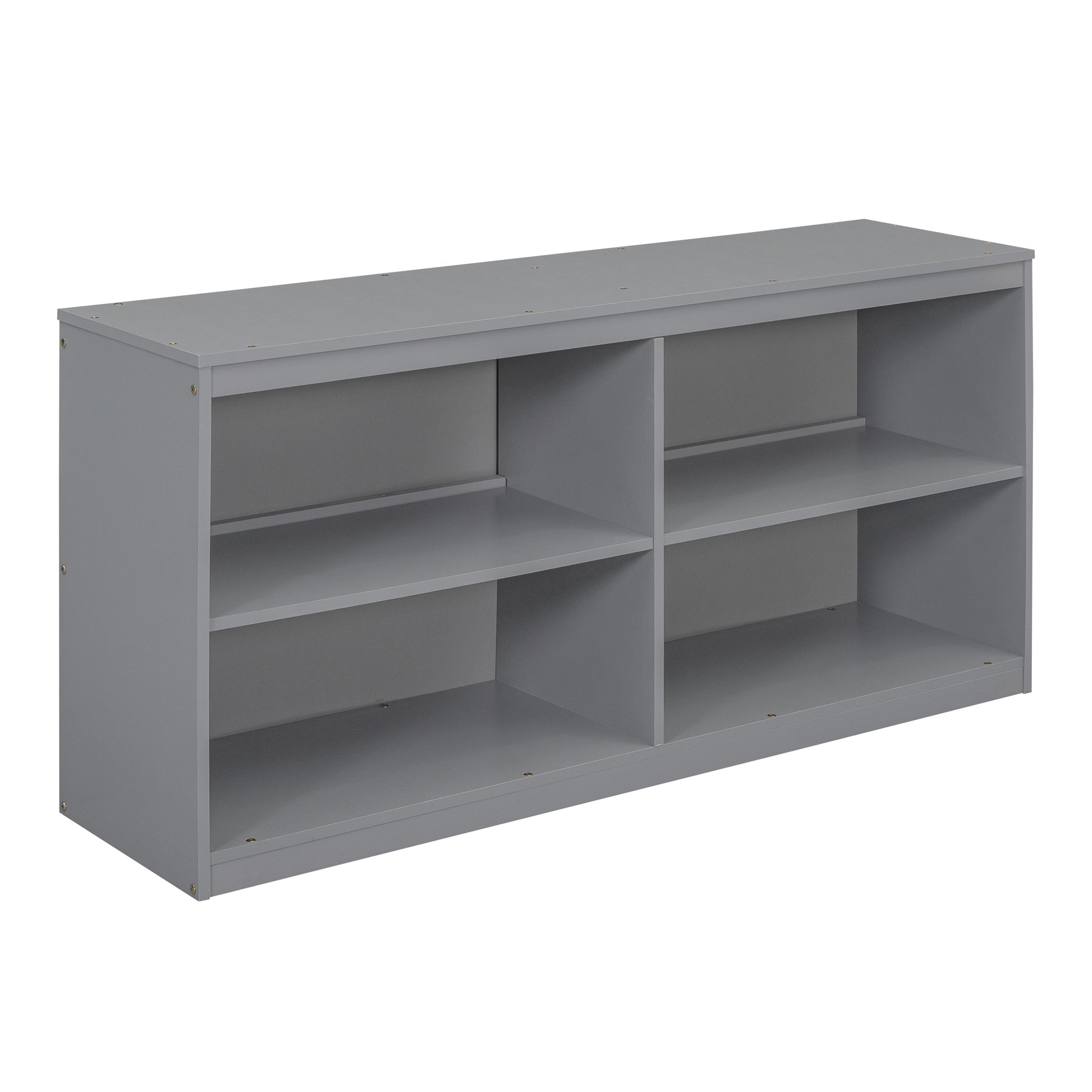 Gray shelf storage unit with open compartments