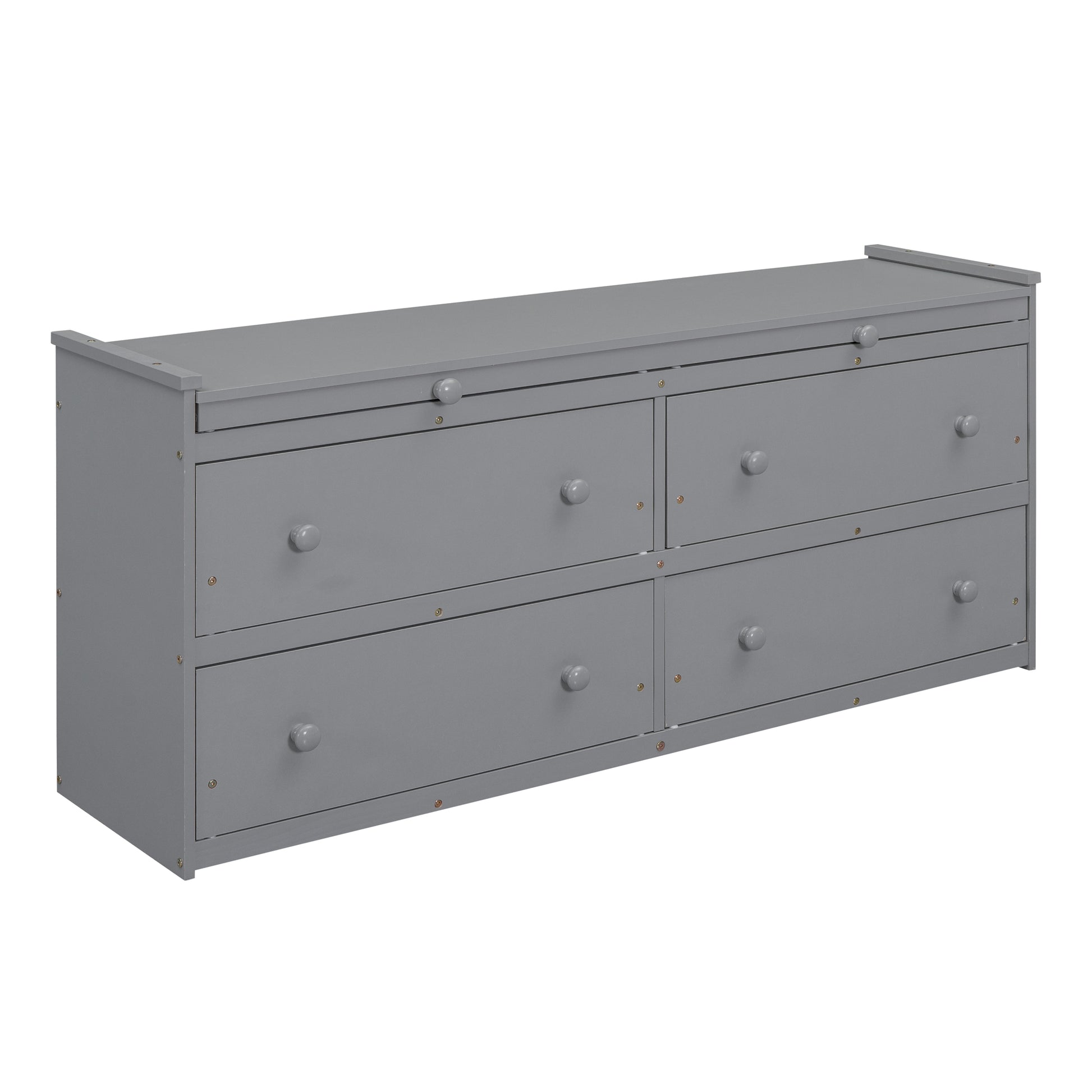 Grey sixdrawer dresser with round wooden knobs and visible screw details
