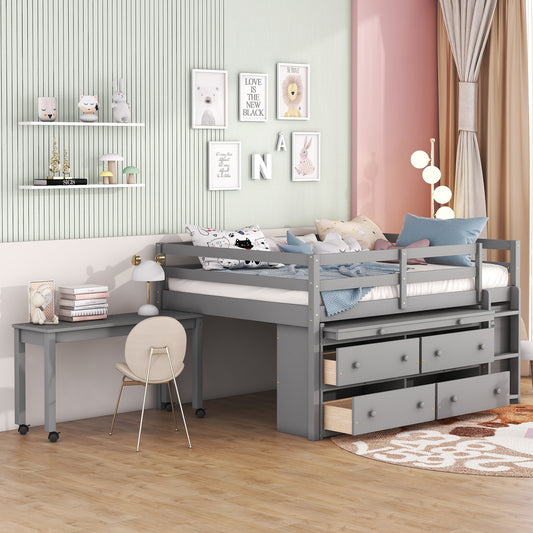 Grey loft bed with drawers and desk in a childs room