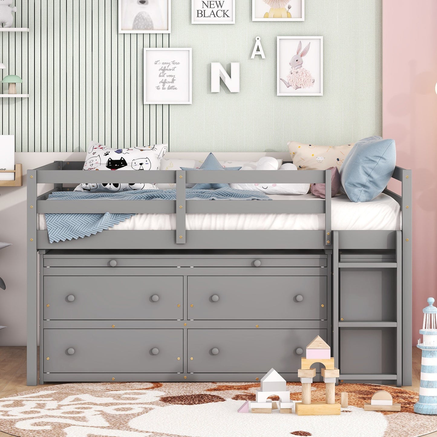 Gray wooden loft bed with integrated drawers and ladder for kids room