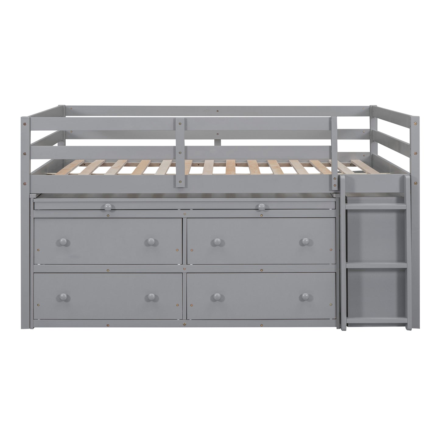 Gray wooden loft bed with six drawers and ladder