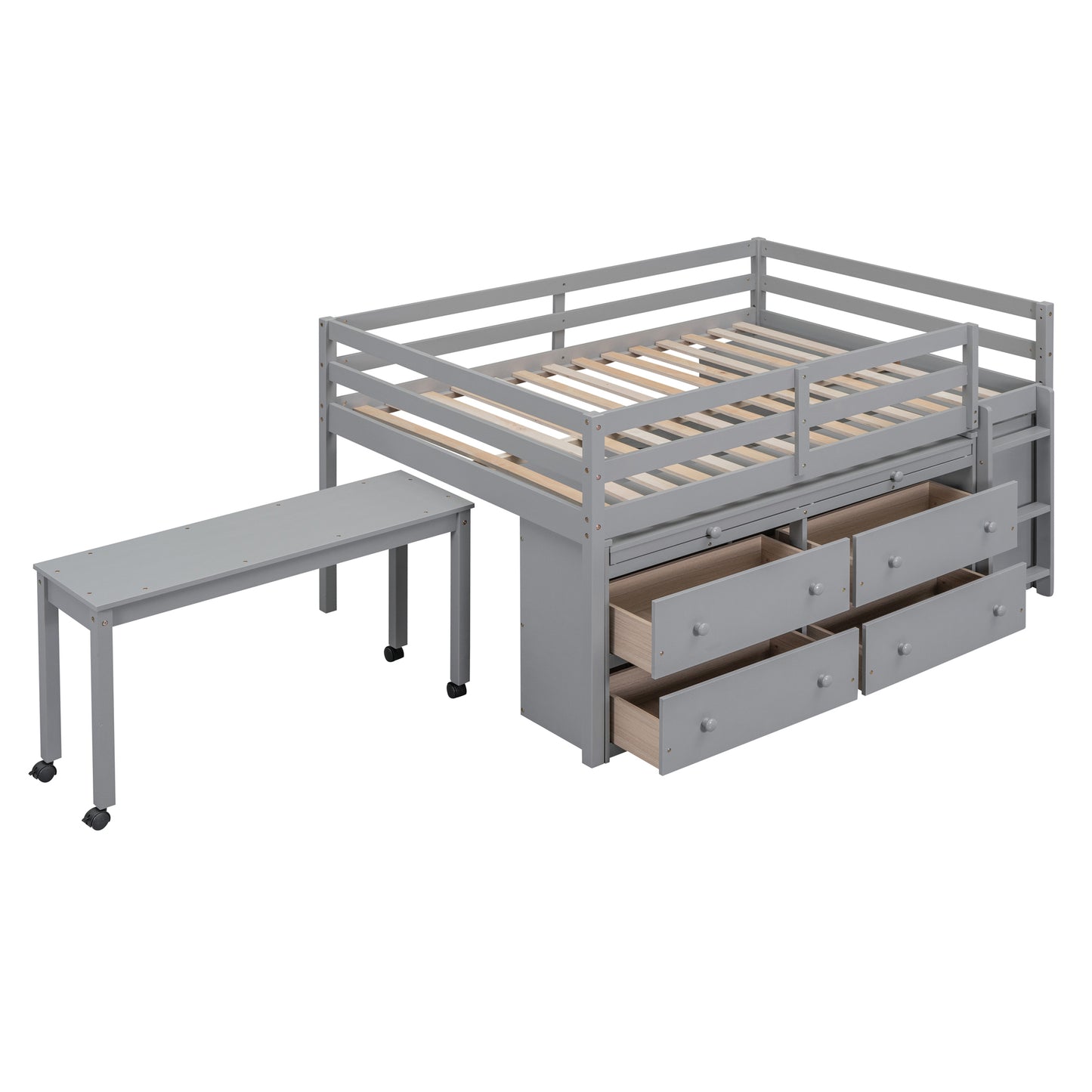 Gray loft bed with drawers and pullout bench