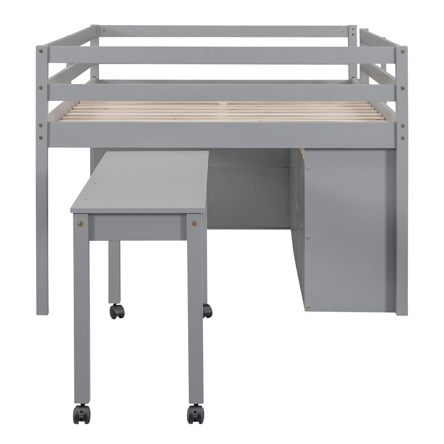 Grey wooden loft bed with integrated desk and wheels