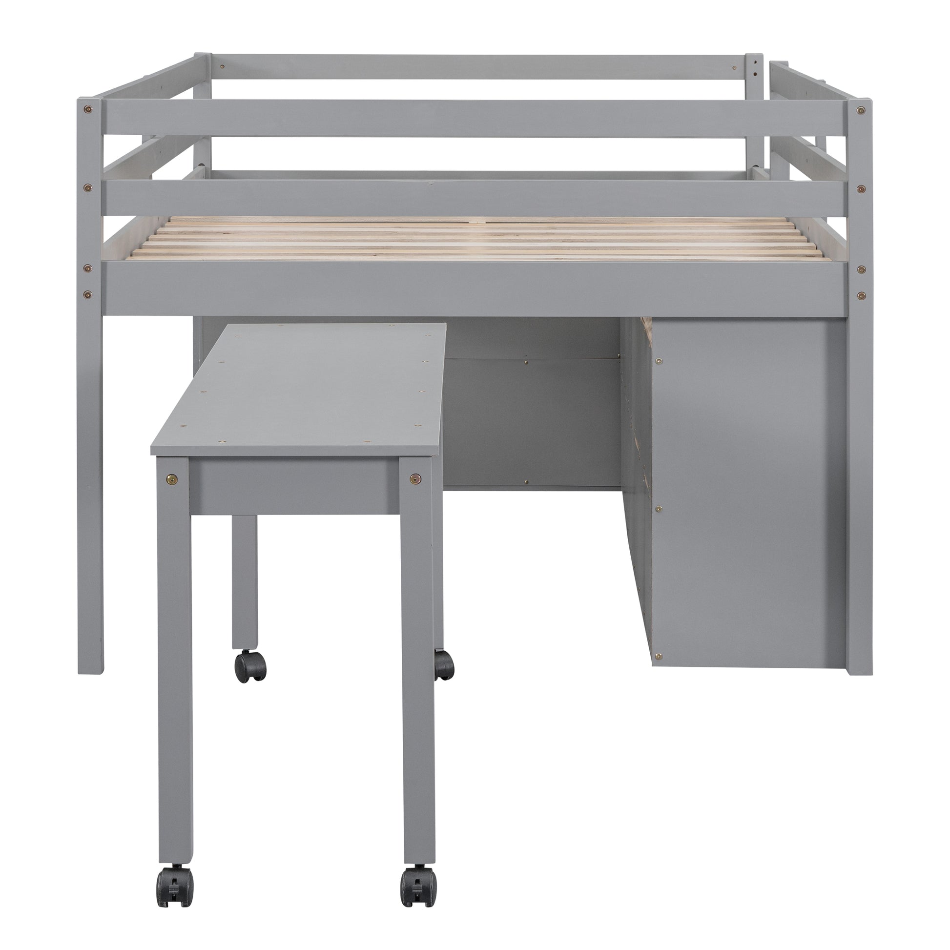 Grey wooden loft bed with integrated desk and wheels