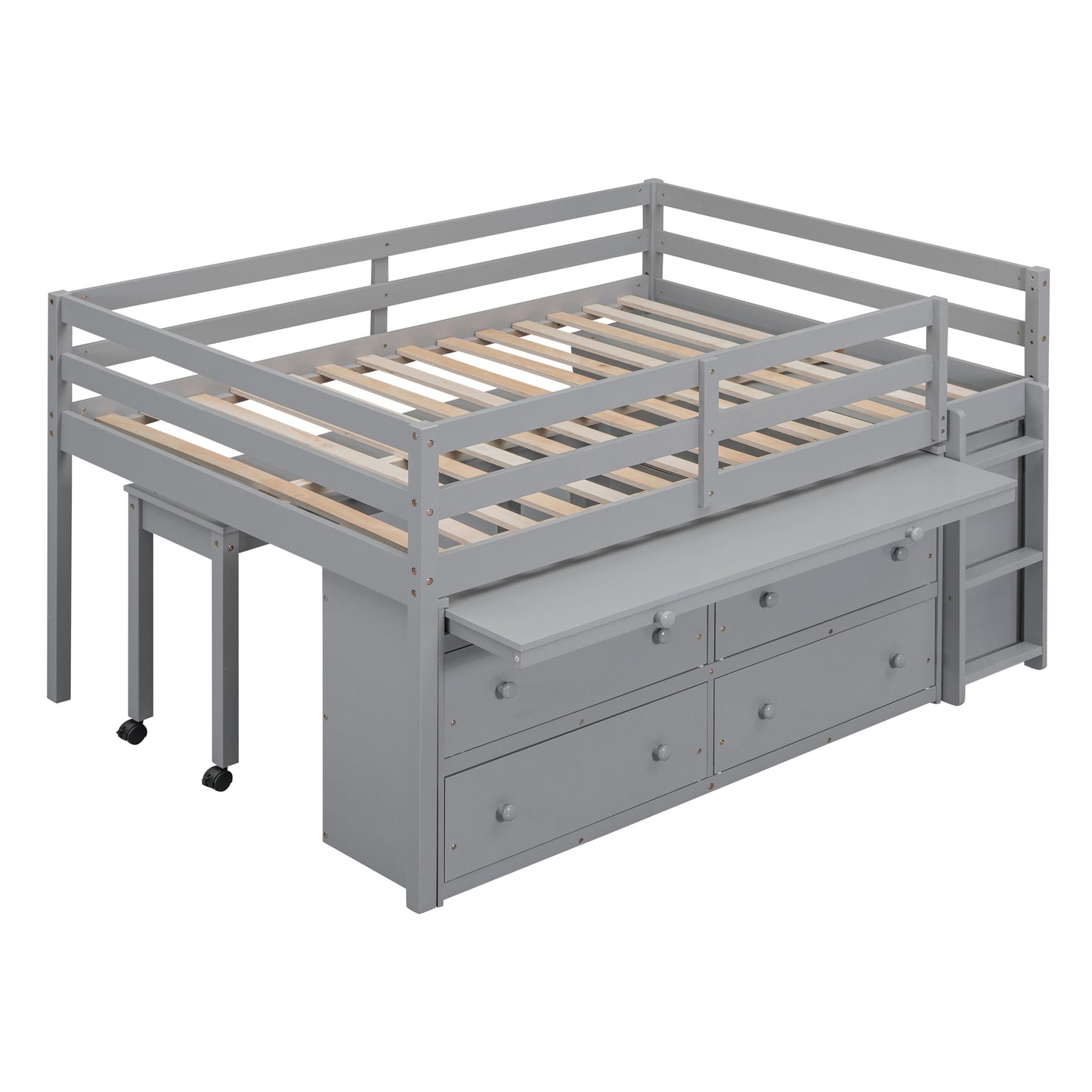 Gray loft bed with desk and drawers