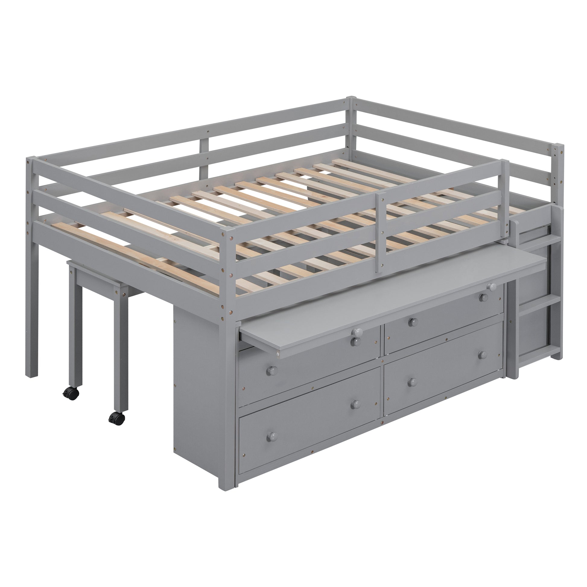 Gray loft bed with desk and drawers