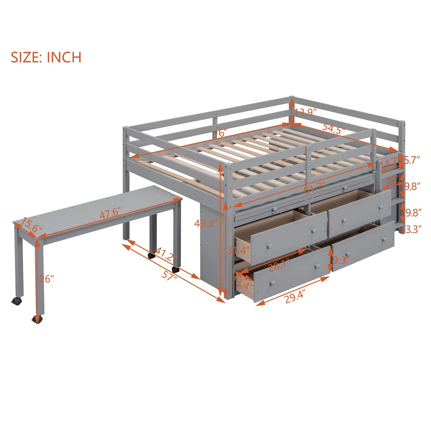 Grey loft bed with attached bench and drawers