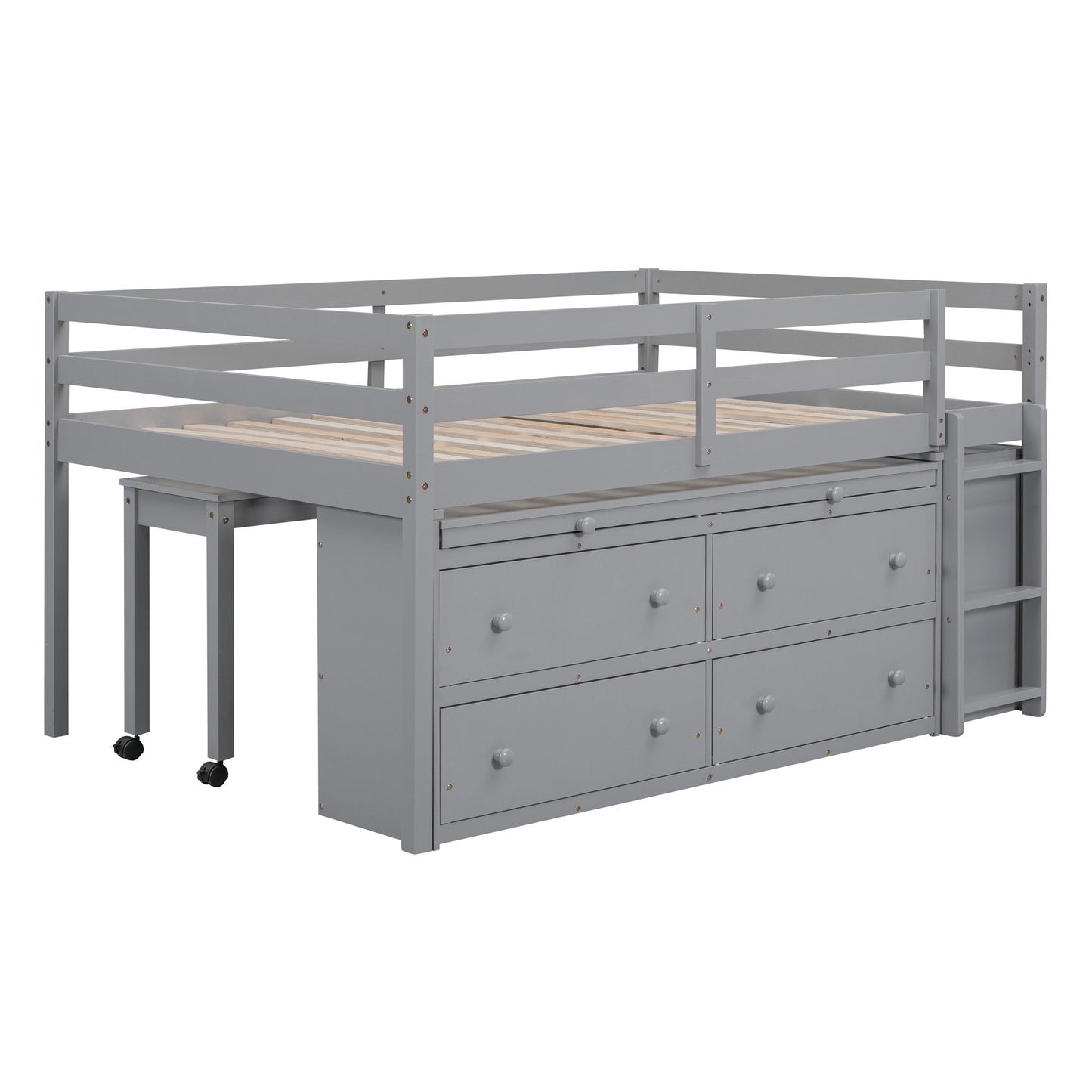 Gray loft bed with desk and drawers